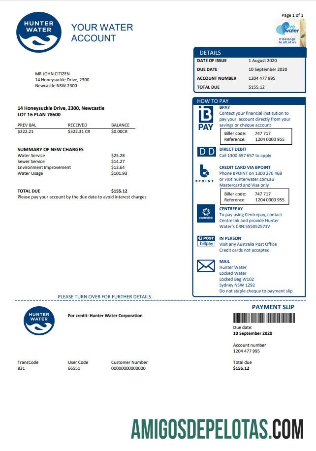 Conta de serviços públicos de água da Austrália Hunter amostra